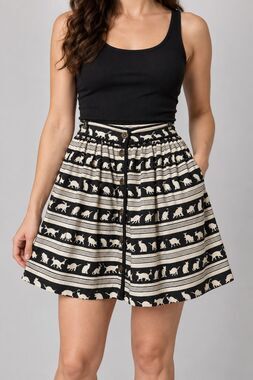 Cooperative Cat Print Skirt XS Black White Rayon Button Front Novelty